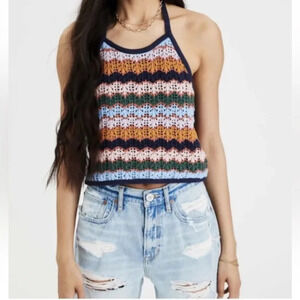 American Eagle Crochet Knit Crop Halter Top Womens Lg Tie Neck Multi Lined Frnt